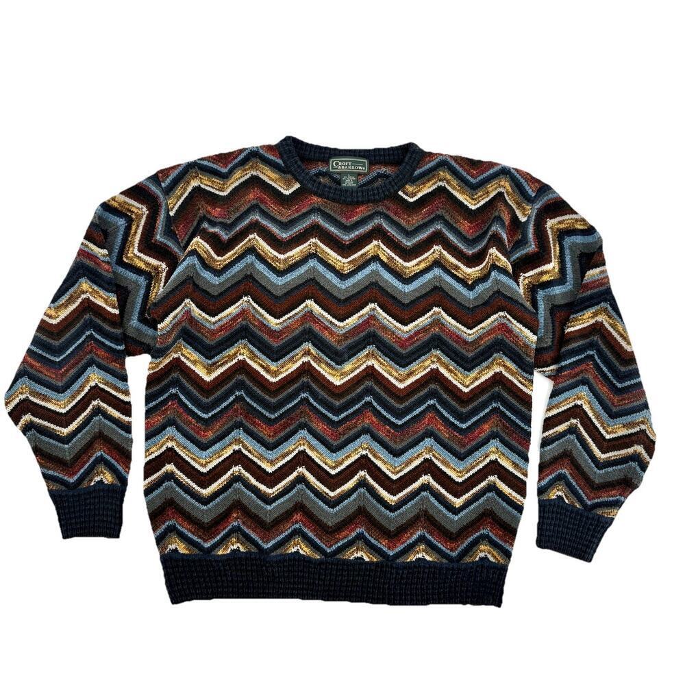 Croft & Barrow VTG 80s LARGE Chevron Striped Chenille Crewneck Sweater Cosby Mod